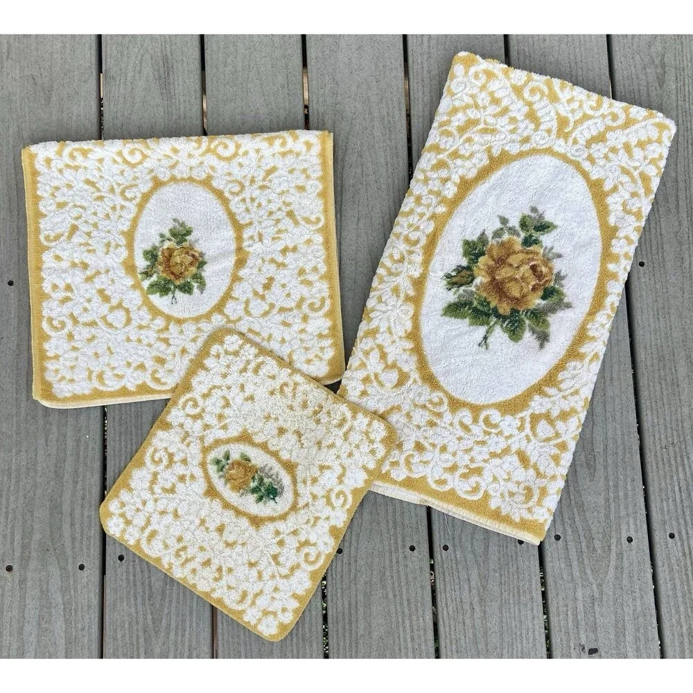 Vtg 60’s Cannon Royal Family Yellow Floral Bath Towels 3pc Set Retro MCM Cottage
